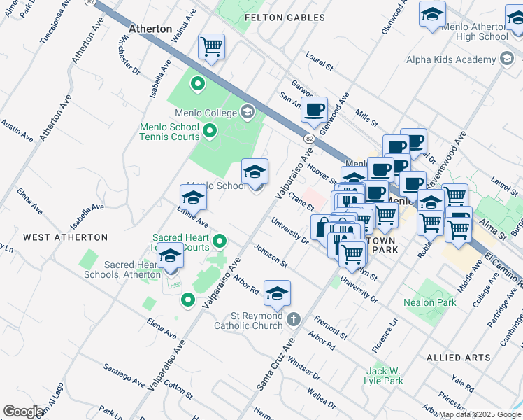 map of restaurants, bars, coffee shops, grocery stores, and more near 50 Valparaiso Avenue in Atherton