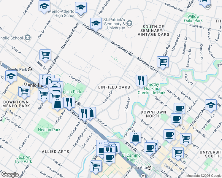 map of restaurants, bars, coffee shops, grocery stores, and more near 320 Linfield Drive in Menlo Park