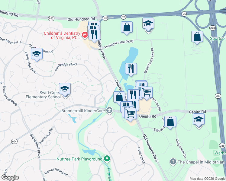 map of restaurants, bars, coffee shops, grocery stores, and more near 2617 Cradle Hill Court in Midlothian
