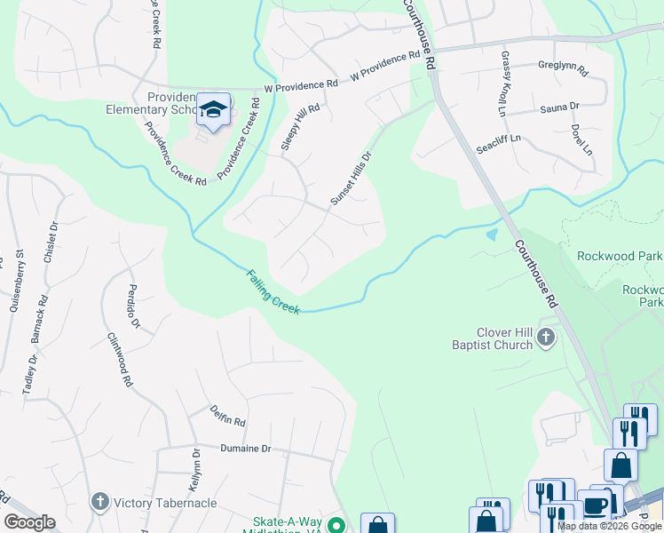 map of restaurants, bars, coffee shops, grocery stores, and more near 2412 Sunset Hills Court in Richmond