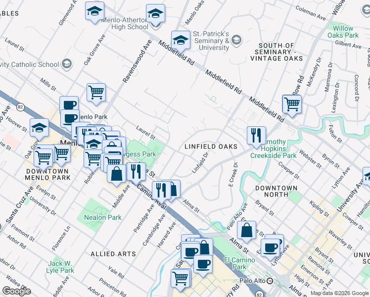 map of restaurants, bars, coffee shops, grocery stores, and more near 383 Waverley Street in Menlo Park