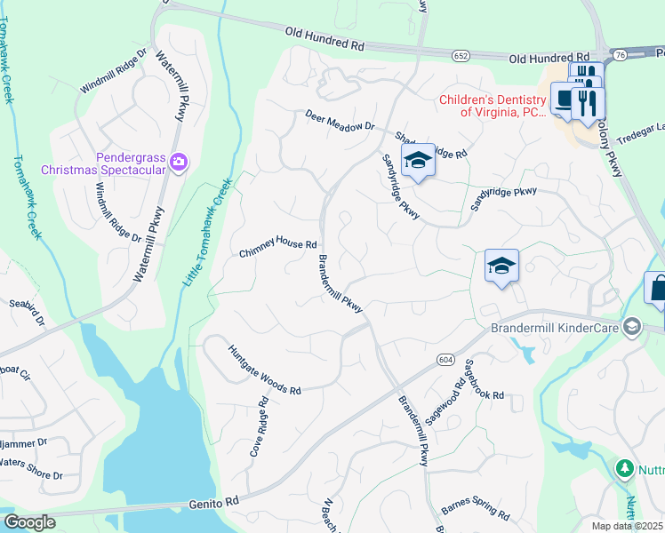 map of restaurants, bars, coffee shops, grocery stores, and more near 2606 Whispering Oaks Place in Midlothian
