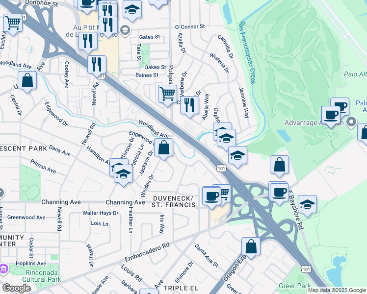 map of restaurants, bars, coffee shops, grocery stores, and more near 1883 Edgewood Drive in Palo Alto