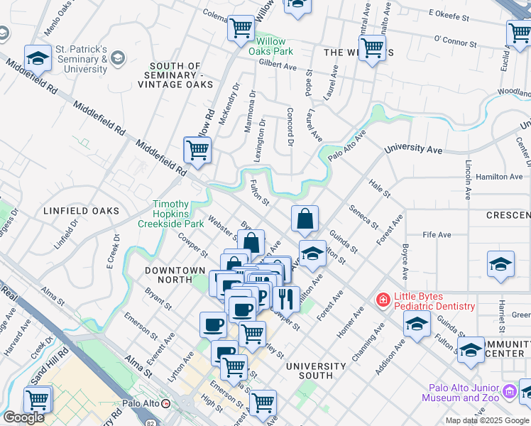 map of restaurants, bars, coffee shops, grocery stores, and more near 329 Middlefield Road in Palo Alto