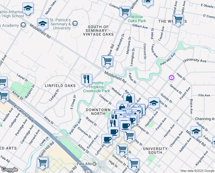 map of restaurants, bars, coffee shops, grocery stores, and more near 145 Tasso Street in Palo Alto
