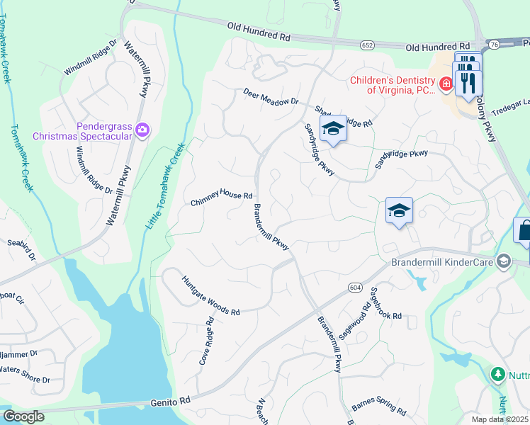 map of restaurants, bars, coffee shops, grocery stores, and more near 2606 Whispering Oaks Place in Midlothian