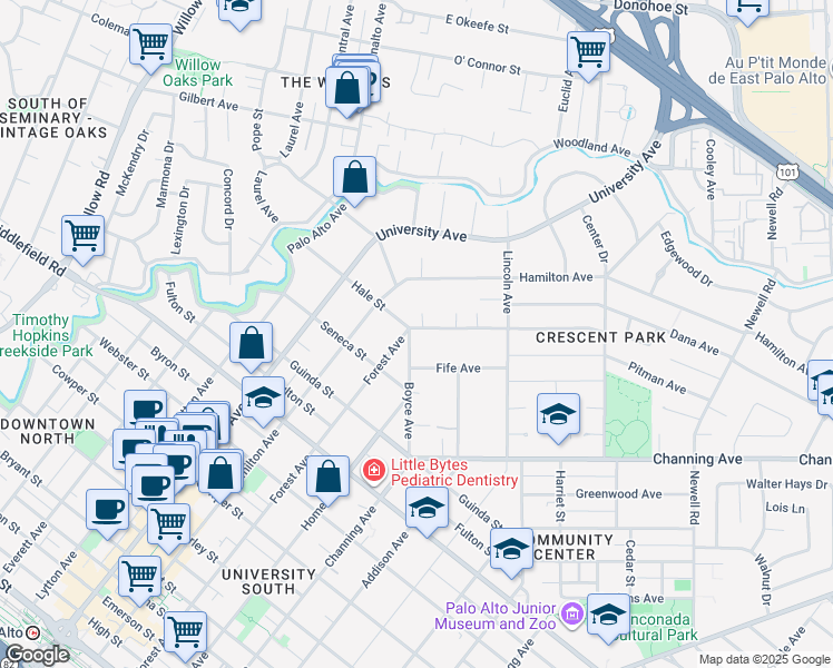 map of restaurants, bars, coffee shops, grocery stores, and more near 944 Forest Avenue in Palo Alto