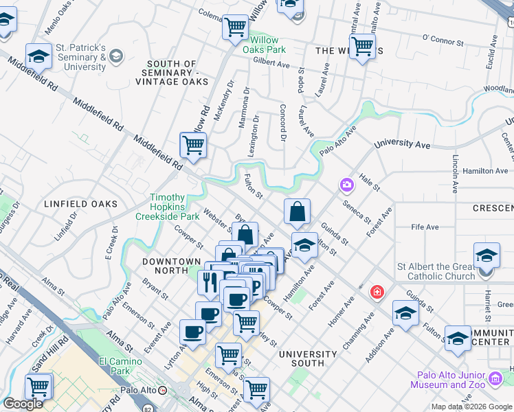 map of restaurants, bars, coffee shops, grocery stores, and more near 657 Everett Avenue in Palo Alto