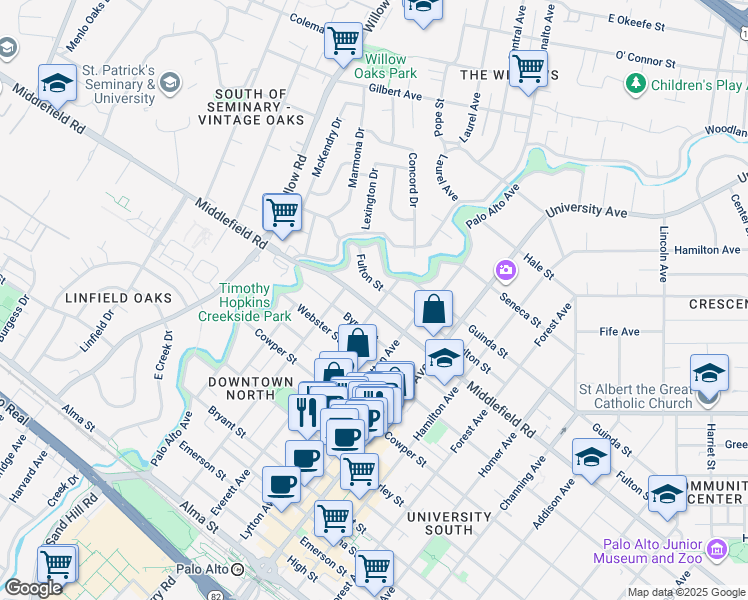 map of restaurants, bars, coffee shops, grocery stores, and more near 657 Everett Avenue in Palo Alto