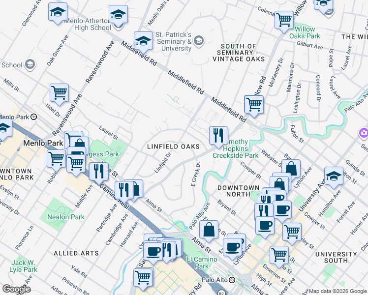 map of restaurants, bars, coffee shops, grocery stores, and more near 241 East Creek Drive in Menlo Park