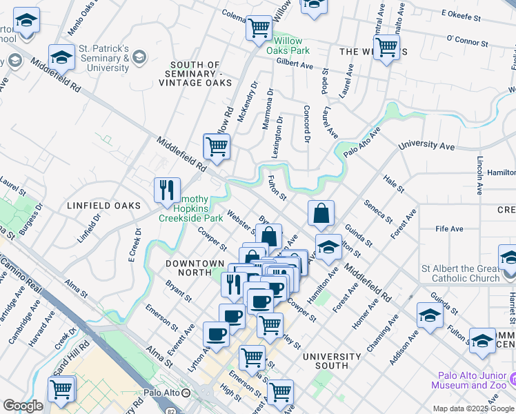 map of restaurants, bars, coffee shops, grocery stores, and more near 678 Hawthorne Avenue in Palo Alto