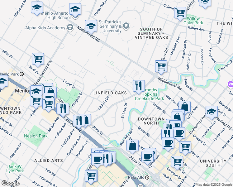map of restaurants, bars, coffee shops, grocery stores, and more near 241 East Creek Drive in Menlo Park