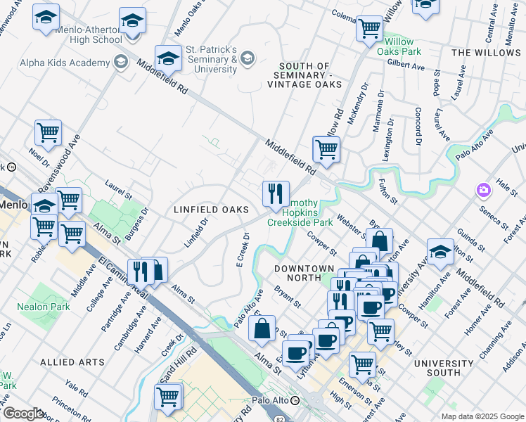 map of restaurants, bars, coffee shops, grocery stores, and more near 200 Waverley Street in Menlo Park
