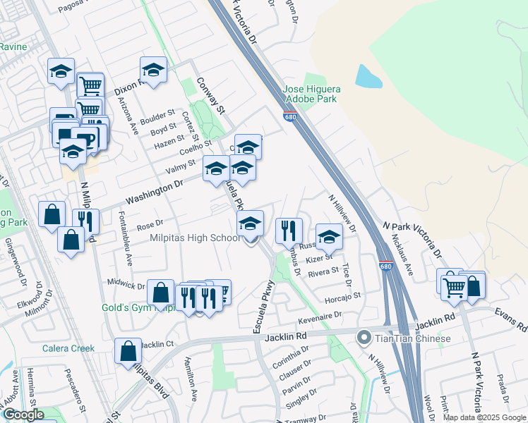 map of restaurants, bars, coffee shops, grocery stores, and more near 1360 Higuera Place in Milpitas