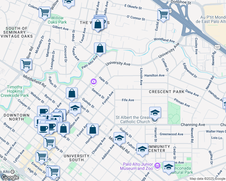 map of restaurants, bars, coffee shops, grocery stores, and more near 961 Forest Avenue in Palo Alto