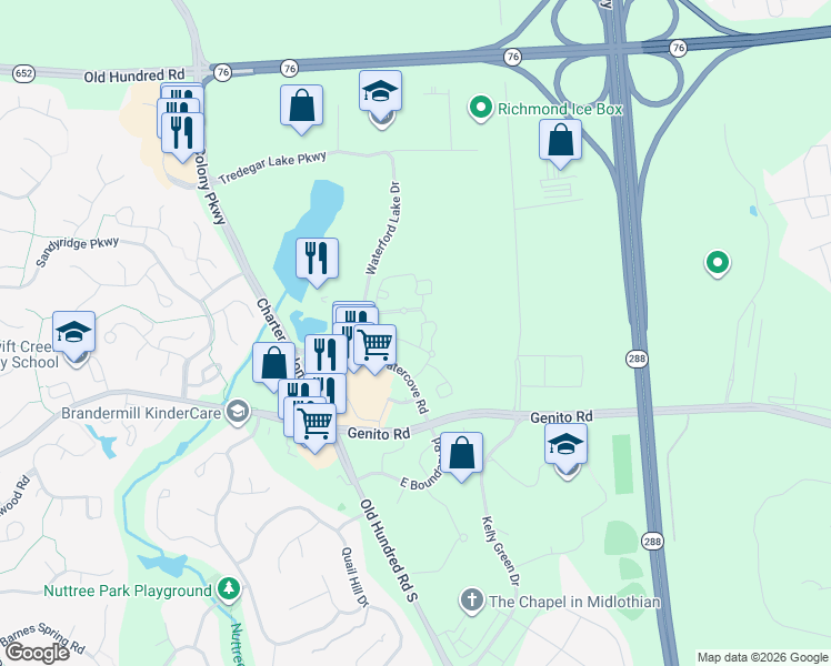 map of restaurants, bars, coffee shops, grocery stores, and more near 2920 Lake Point Drive in Midlothian