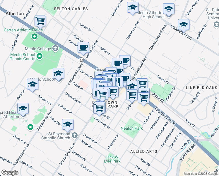 map of restaurants, bars, coffee shops, grocery stores, and more near 642 Santa Cruz Avenue in Menlo Park