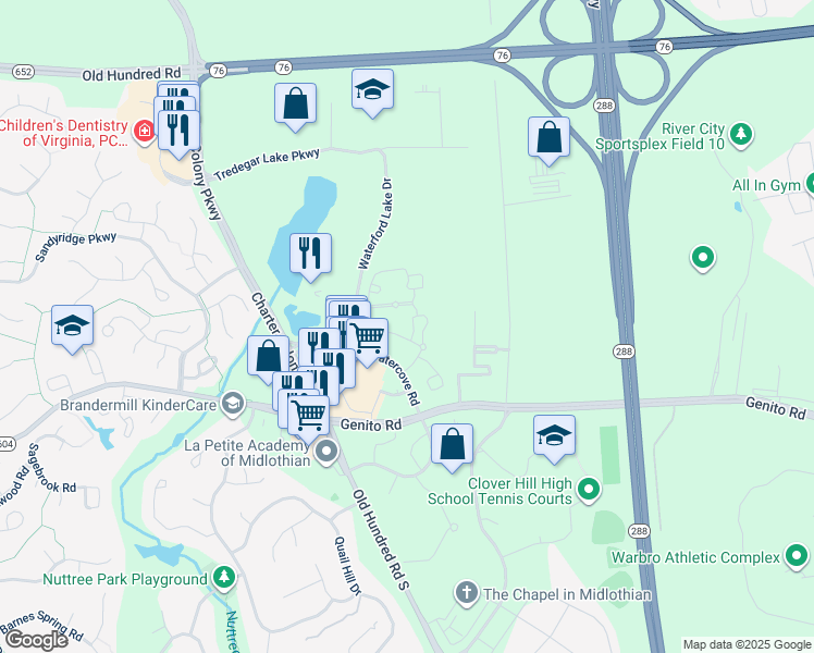 map of restaurants, bars, coffee shops, grocery stores, and more near 2801 Pavilion Place in Midlothian