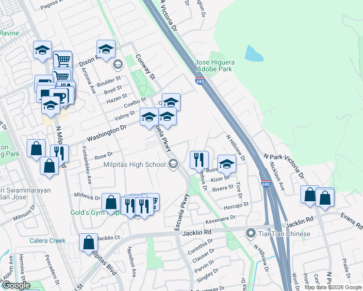 map of restaurants, bars, coffee shops, grocery stores, and more near 1360 Higuera Place in Milpitas