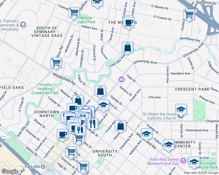 map of restaurants, bars, coffee shops, grocery stores, and more near 800 University Avenue in Palo Alto