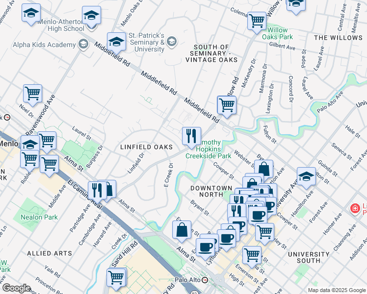 map of restaurants, bars, coffee shops, grocery stores, and more near in Menlo Park