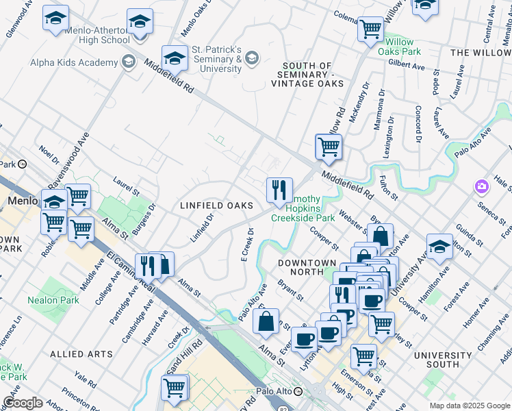 map of restaurants, bars, coffee shops, grocery stores, and more near in Menlo Park