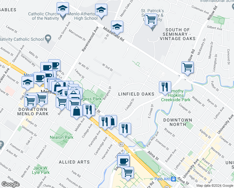 map of restaurants, bars, coffee shops, grocery stores, and more near 411 Waverley Street in Menlo Park