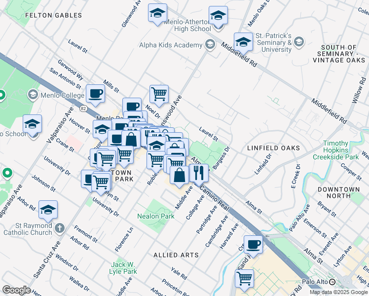 map of restaurants, bars, coffee shops, grocery stores, and more near 501 Alma Street in Menlo Park