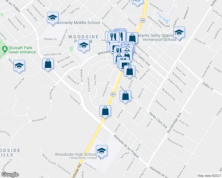 map of restaurants, bars, coffee shops, grocery stores, and more near 1856 Woodside Road in Redwood City