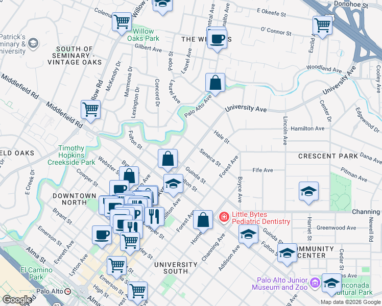 map of restaurants, bars, coffee shops, grocery stores, and more near 800 University Avenue in Palo Alto