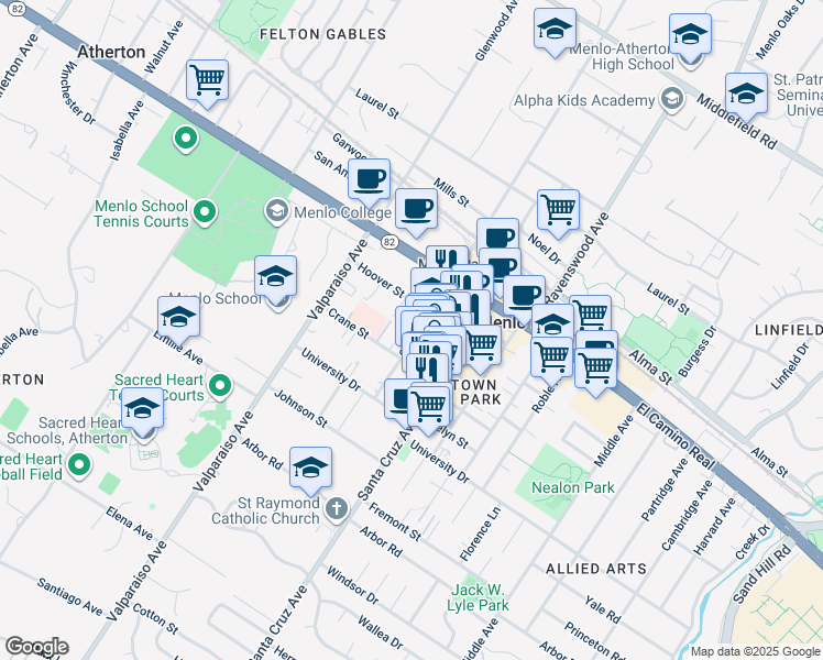 map of restaurants, bars, coffee shops, grocery stores, and more near 716 Oak Grove Avenue in Menlo Park