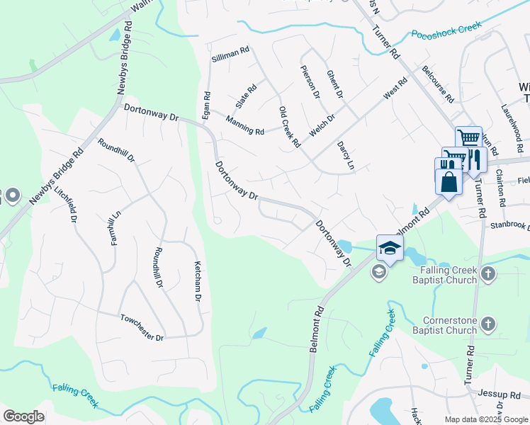 map of restaurants, bars, coffee shops, grocery stores, and more near 7112 Windy Creek Circle in Chesterfield