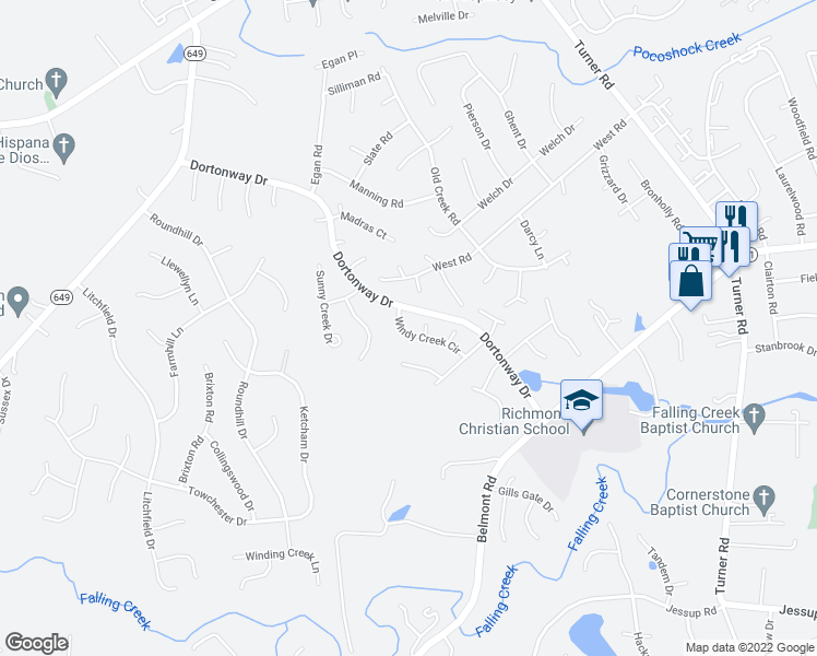 map of restaurants, bars, coffee shops, grocery stores, and more near 7112 Windy Creek Circle in Chesterfield