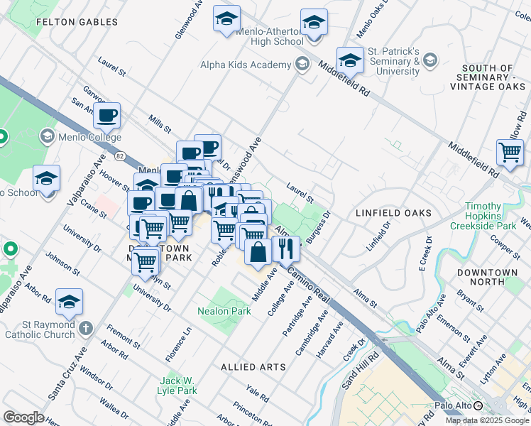 map of restaurants, bars, coffee shops, grocery stores, and more near 600 Alma Street in Menlo Park