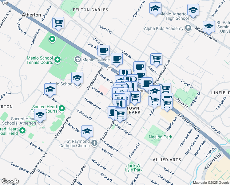 map of restaurants, bars, coffee shops, grocery stores, and more near 716 Oak Grove Avenue in Menlo Park