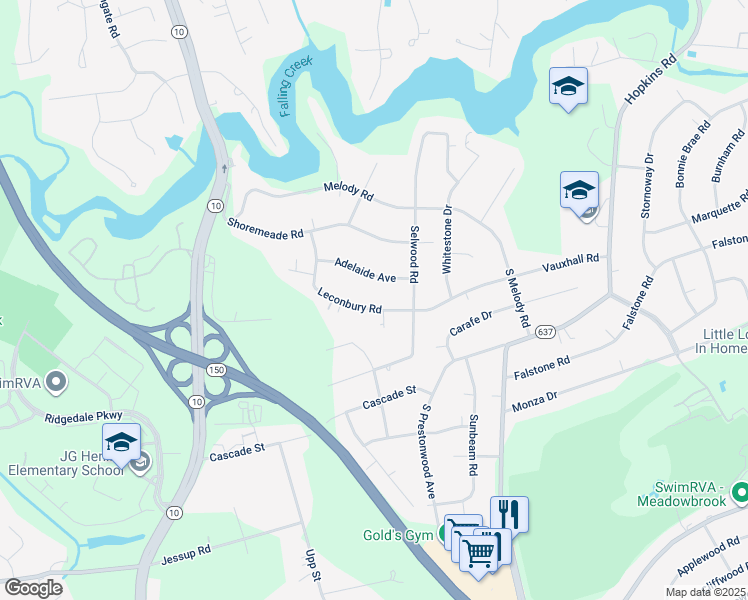 map of restaurants, bars, coffee shops, grocery stores, and more near 4434 Vauxhall Road in Richmond