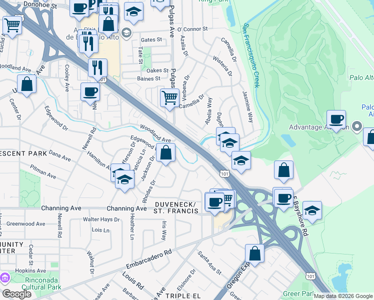 map of restaurants, bars, coffee shops, grocery stores, and more near 1982 West Bayshore Road in East Palo Alto