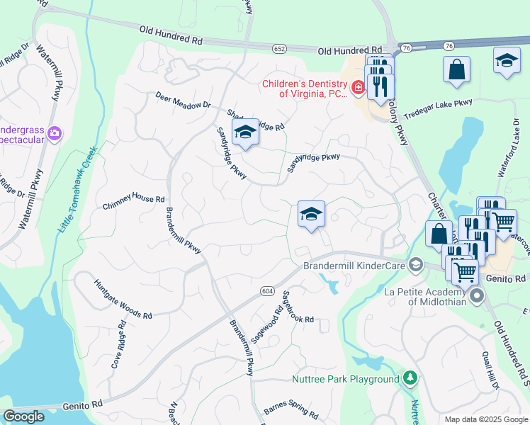 map of restaurants, bars, coffee shops, grocery stores, and more near 2424 Sandy Brook Lane in Midlothian