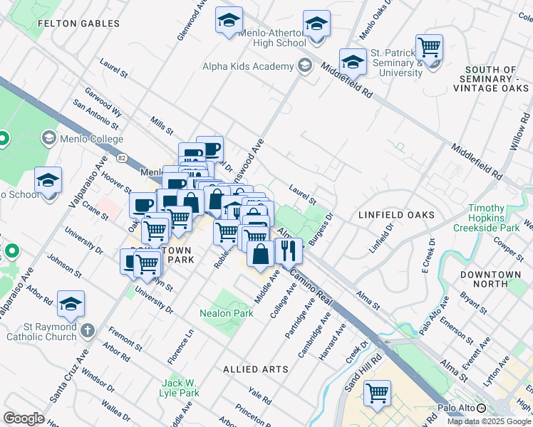 map of restaurants, bars, coffee shops, grocery stores, and more near 600 Alma Street in Menlo Park