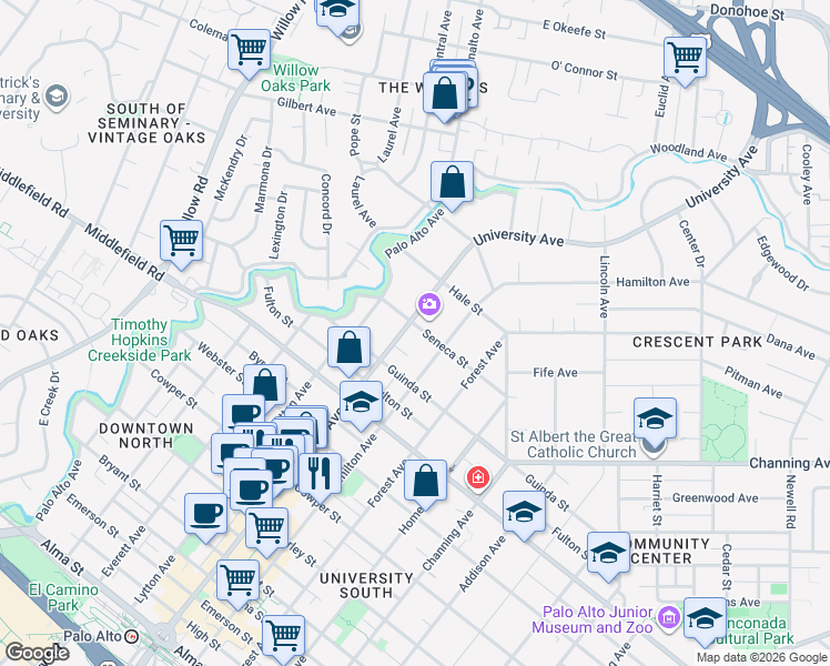 map of restaurants, bars, coffee shops, grocery stores, and more near in Palo Alto