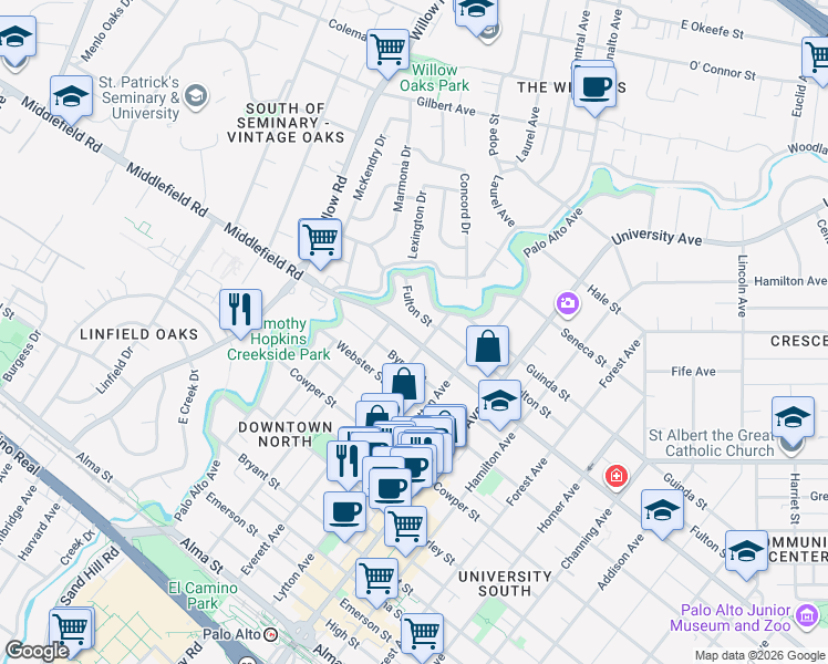 map of restaurants, bars, coffee shops, grocery stores, and more near in Palo Alto