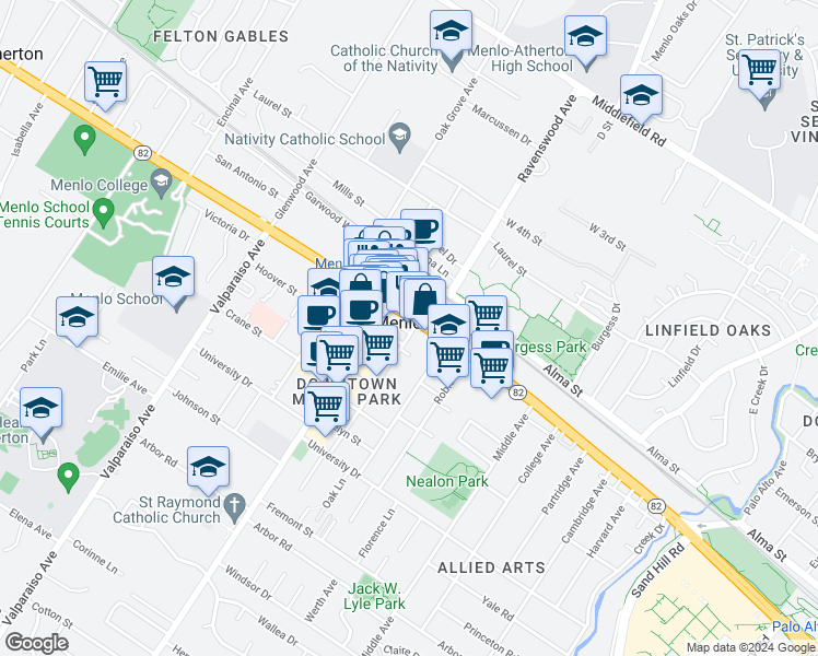 map of restaurants, bars, coffee shops, grocery stores, and more near 600 Santa Cruz Avenue in Menlo Park