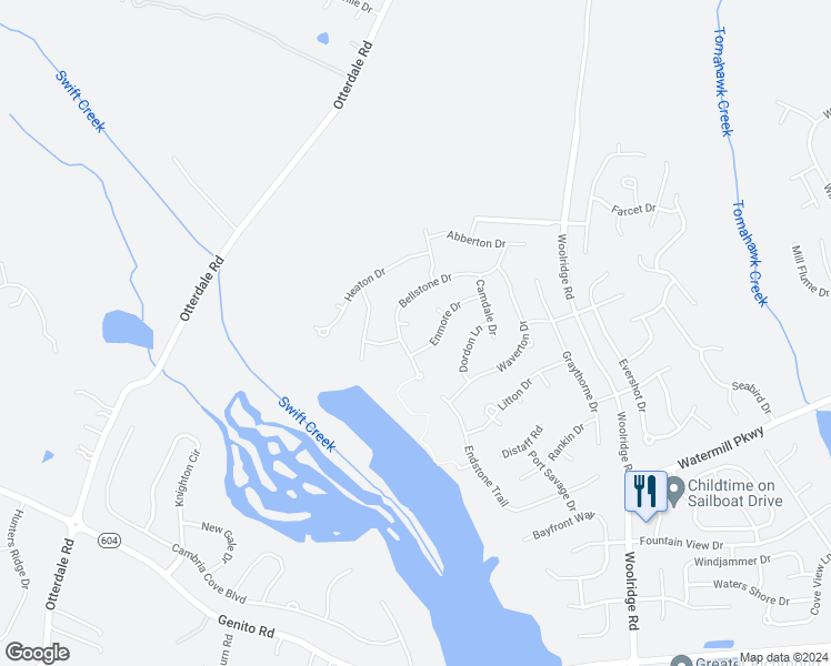 map of restaurants, bars, coffee shops, grocery stores, and more near 15107 Bellstone Court in Midlothian