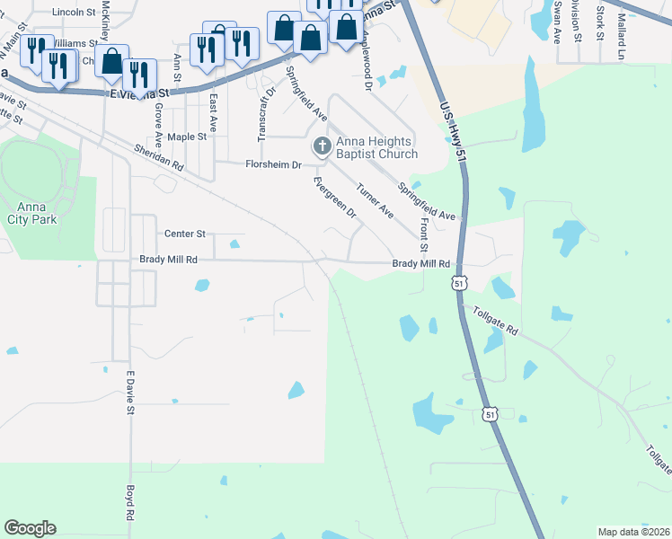 map of restaurants, bars, coffee shops, grocery stores, and more near 102 Fredrick Street in Anna