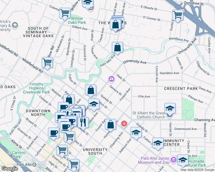 map of restaurants, bars, coffee shops, grocery stores, and more near in Palo Alto