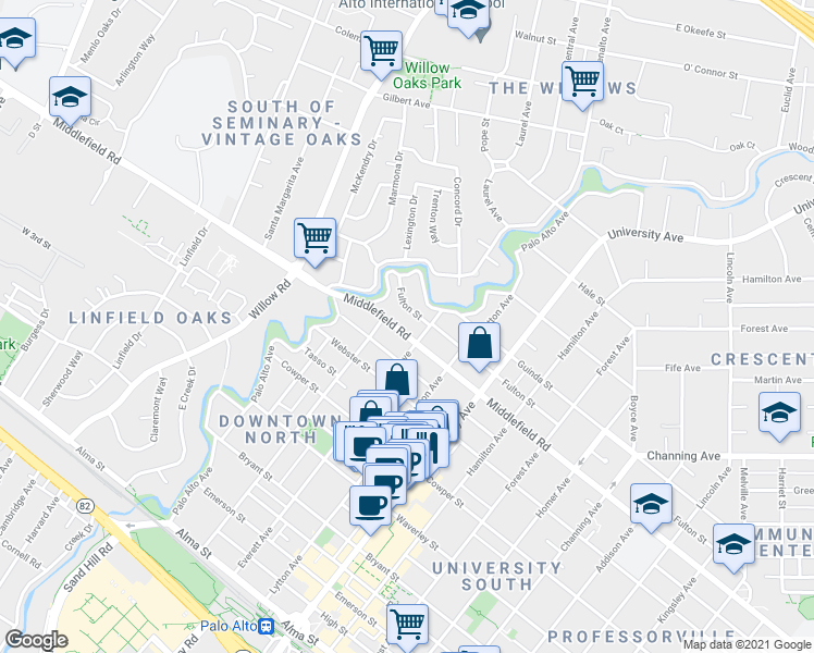 map of restaurants, bars, coffee shops, grocery stores, and more near 235 Middlefield Road in Palo Alto