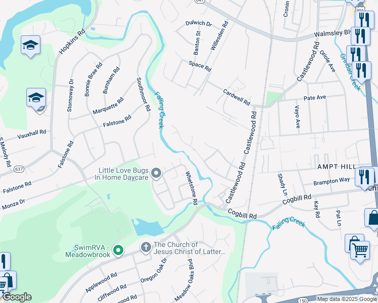 map of restaurants, bars, coffee shops, grocery stores, and more near 3313 Shady Creek Road in Richmond
