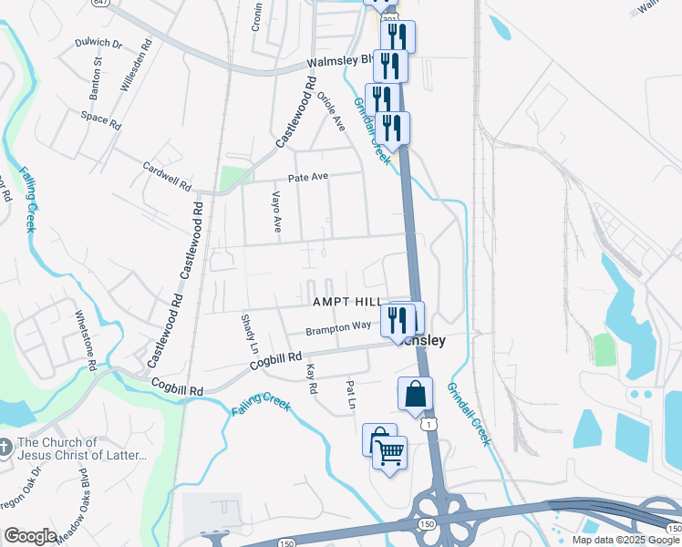 map of restaurants, bars, coffee shops, grocery stores, and more near 2715 Falling Creek Avenue in Bensley