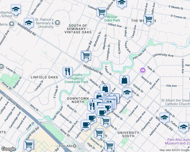 map of restaurants, bars, coffee shops, grocery stores, and more near 128 Middlefield Road in Palo Alto