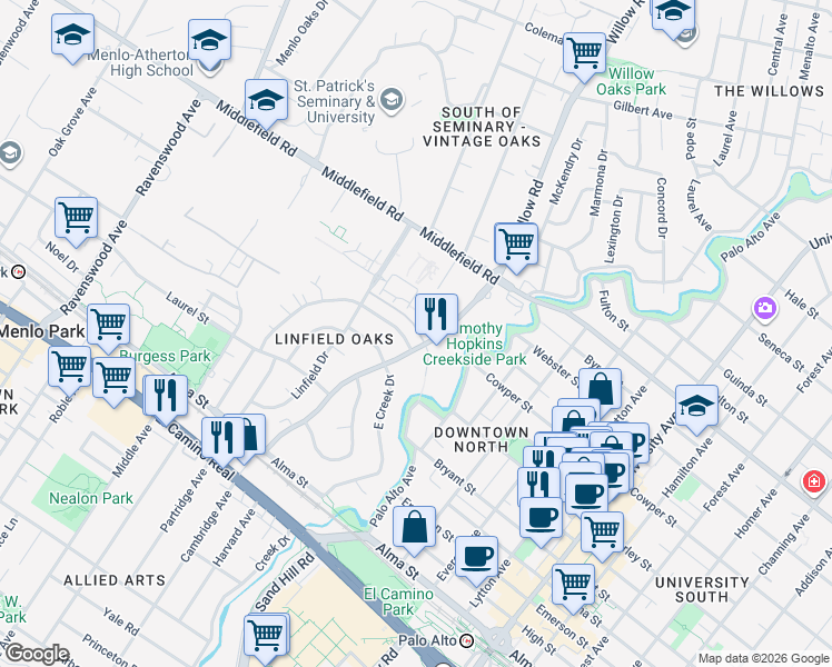 map of restaurants, bars, coffee shops, grocery stores, and more near 829 Paulson Circle in Menlo Park
